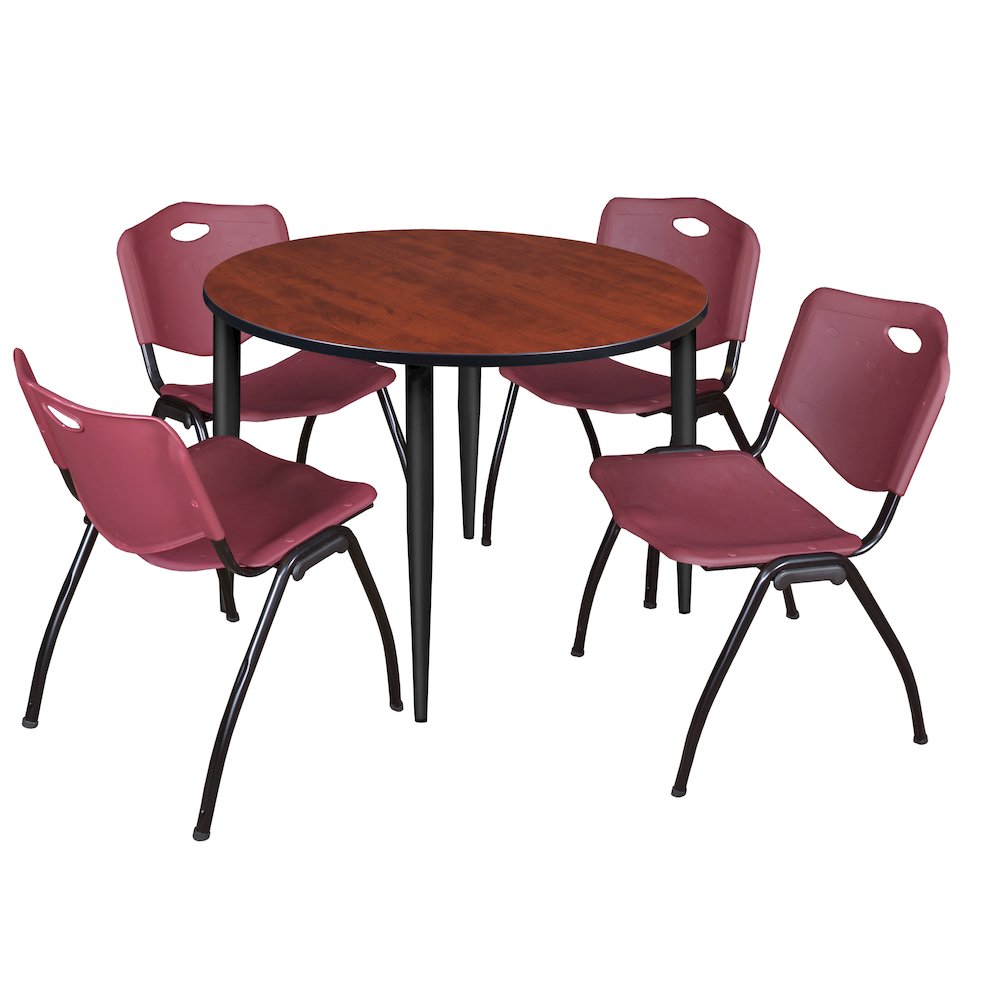 48 Round Breakroom Table- Cherry Top, Black Base & 4 M Stack Chairs- Burgundy. Picture 1