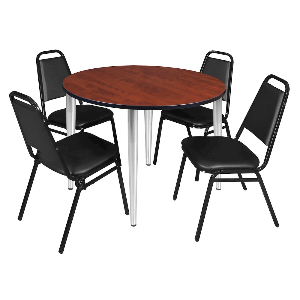 48 Round Breakroom Table- Cherry Top, Chrome Base & 4 Stack Chairs- Black. Picture 1