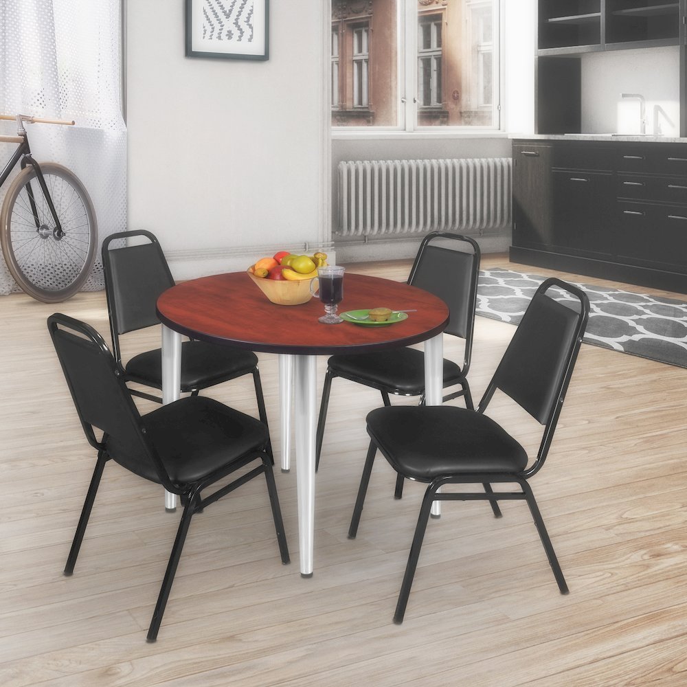 48 Round Breakroom Table- Cherry Top, Chrome Base & 4 Stack Chairs- Black. Picture 8