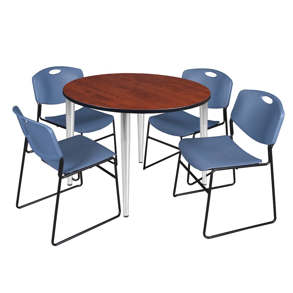 48 Round Breakroom Table- Cherry Top, Chrome Base & 4 Zeng Stack Chairs- Blue. Picture 1