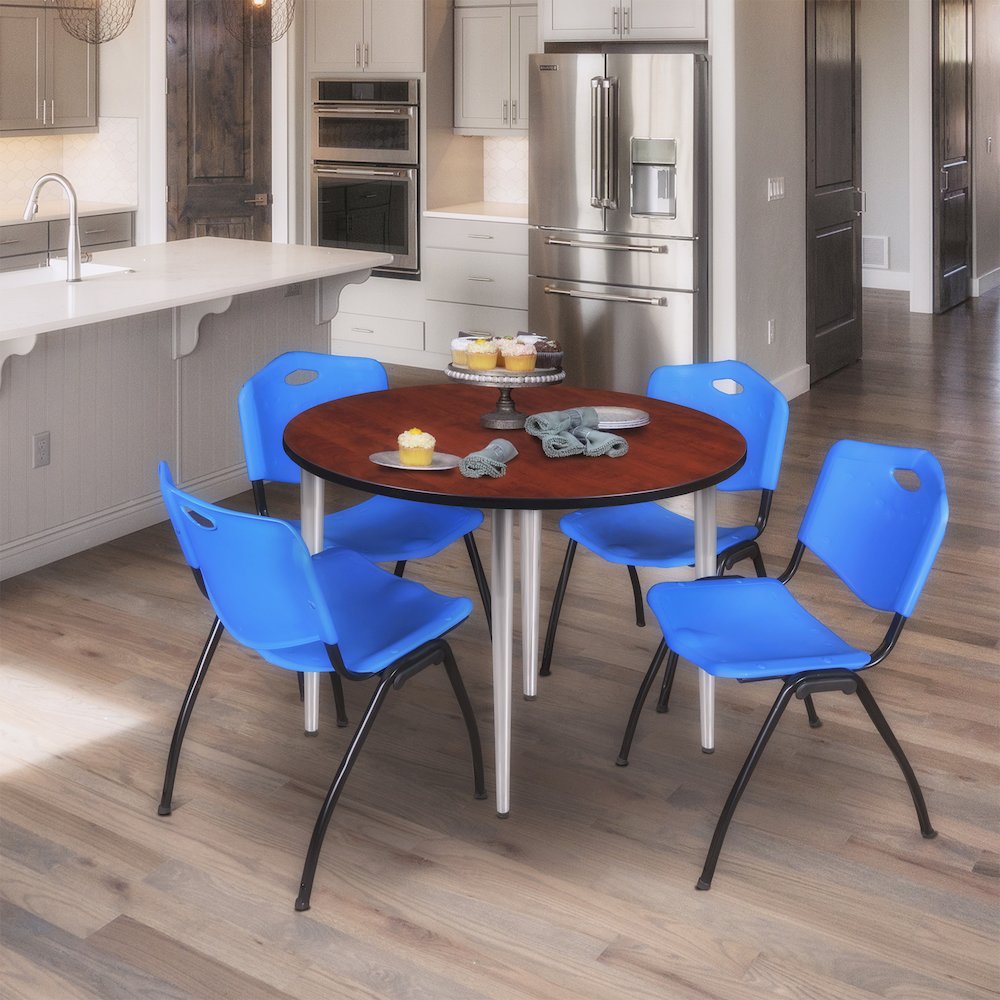 48 in. Round Breakroom Table- Cherry Top, Chrome Base & 4 M Stack Chairs- Blue. Picture 8