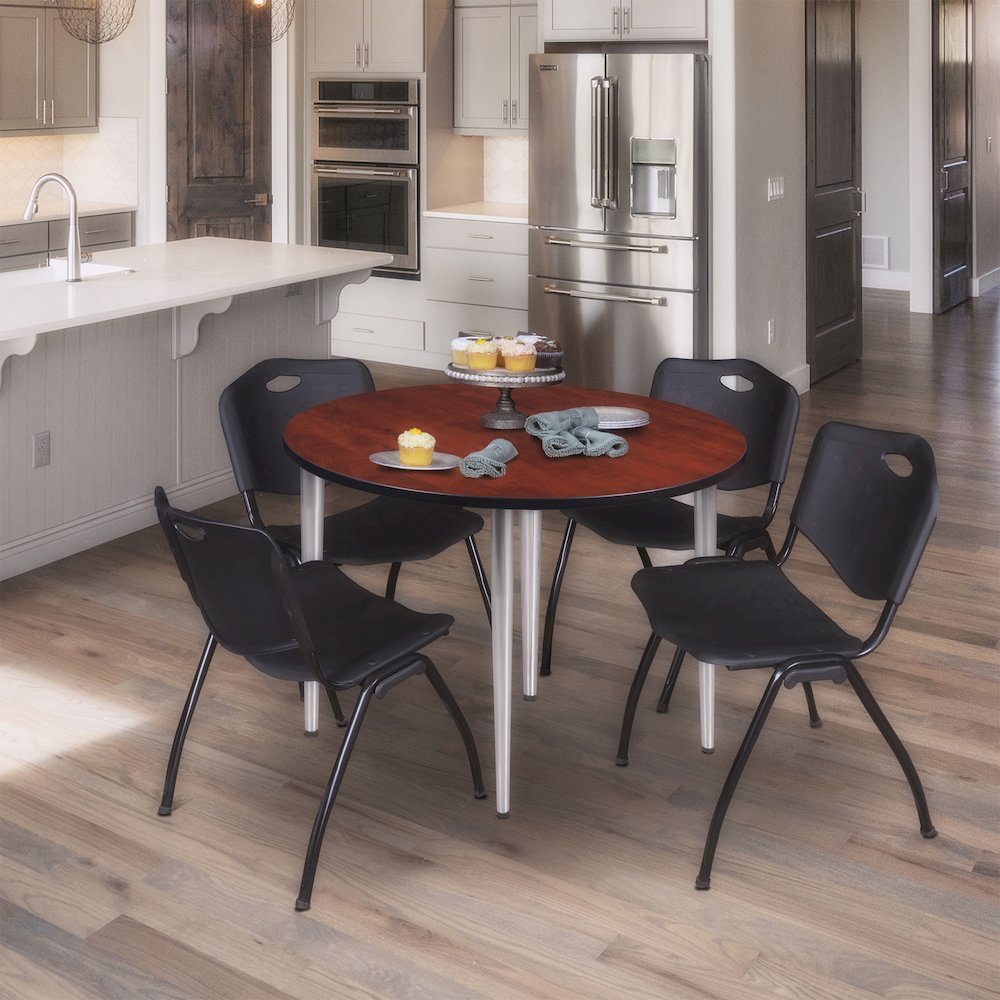 48 in. Round Breakroom Table- Cherry Top, Chrome Base & 4 M Stack Chairs- Black. Picture 8