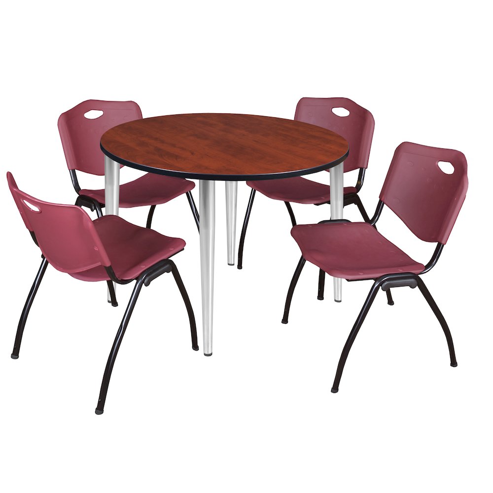 48 Round Breakroom Table- Cherry Top, Chrome Base & 4 M Stack Chairs- Burgundy. Picture 1