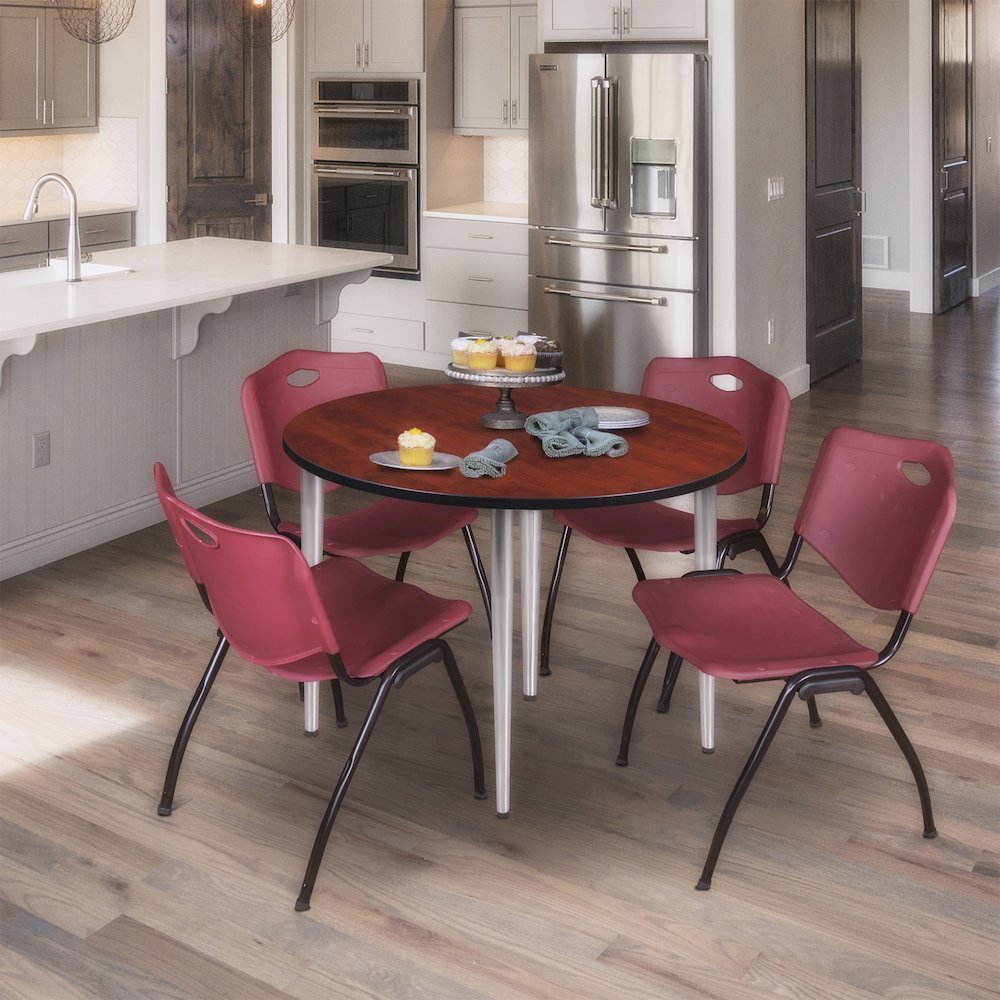 48 Round Breakroom Table- Cherry Top, Chrome Base & 4 M Stack Chairs- Burgundy. Picture 8