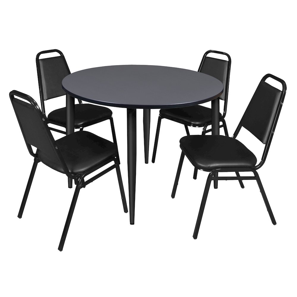 48 Round Breakroom Table- Grey Top, Black Base & 4 Stack Chairs- Black. Picture 1