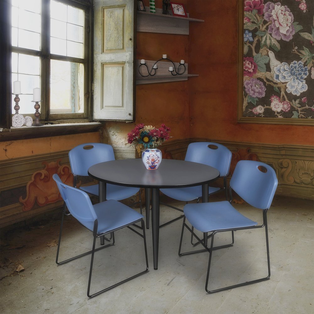 48 in. Round Breakroom Table- Grey Top, Black Base & 4 Zeng Stack Chairs- Blue. Picture 8
