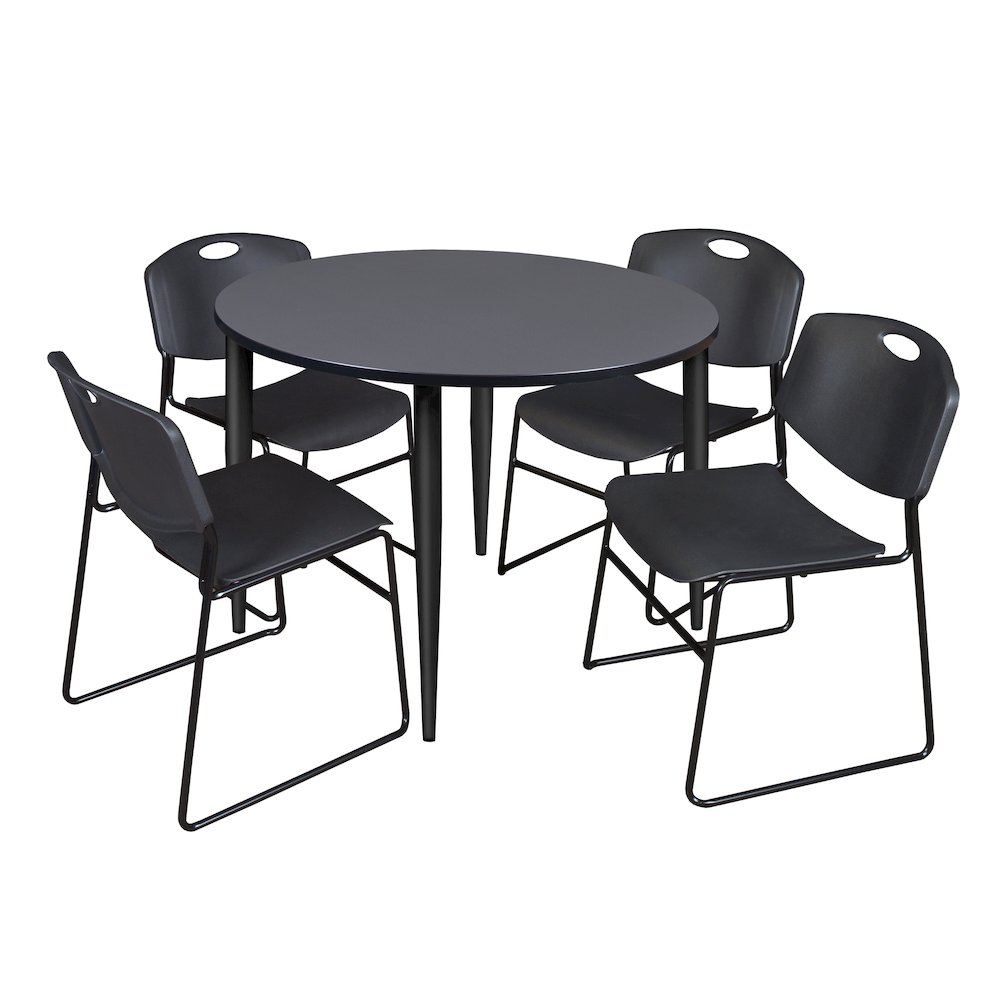 48 in. Round Breakroom Table- Grey Top, Black Base & 4 Zeng Stack Chairs- Black. Picture 1