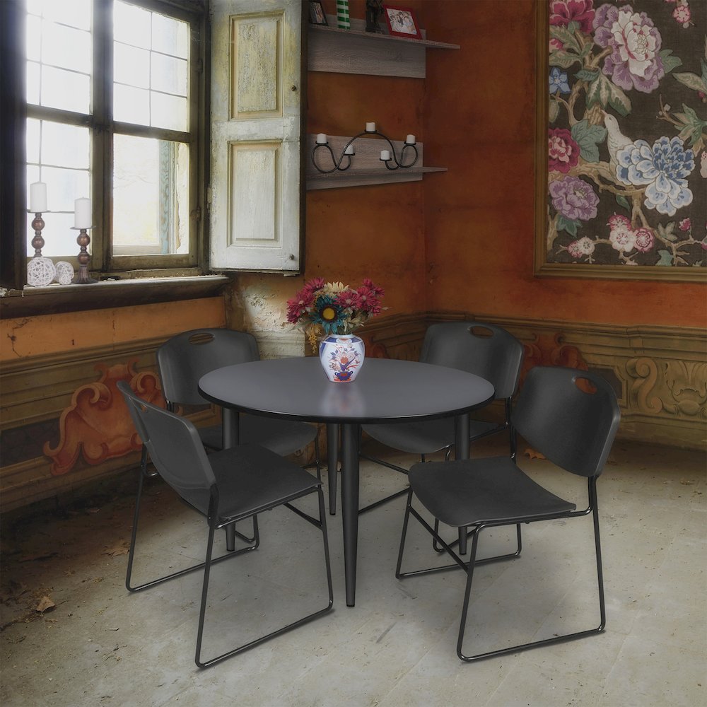 48 in. Round Breakroom Table- Grey Top, Black Base & 4 Zeng Stack Chairs- Black. Picture 8