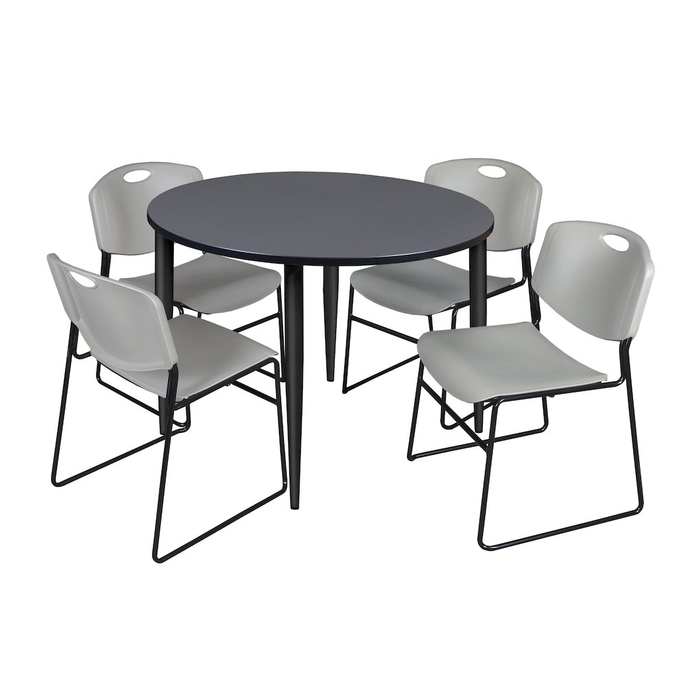 48 in. Round Breakroom Table- Grey Top, Black Base & 4 Zeng Stack Chairs- Grey. Picture 1