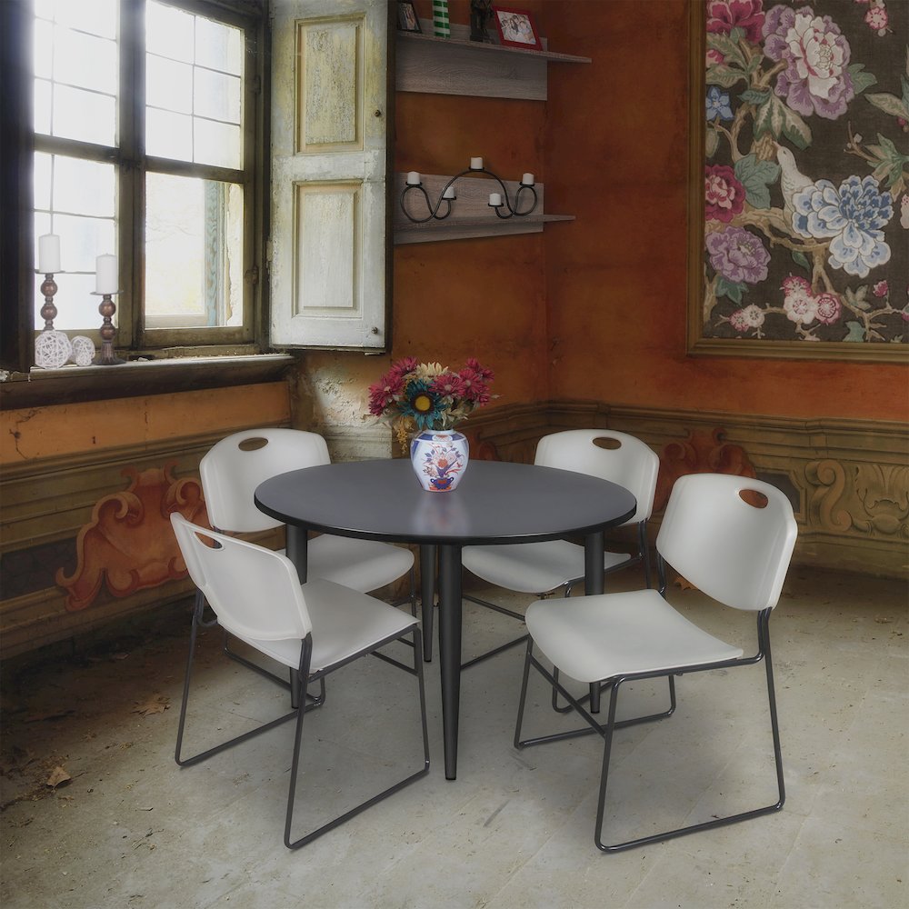 48 in. Round Breakroom Table- Grey Top, Black Base & 4 Zeng Stack Chairs- Grey. Picture 8