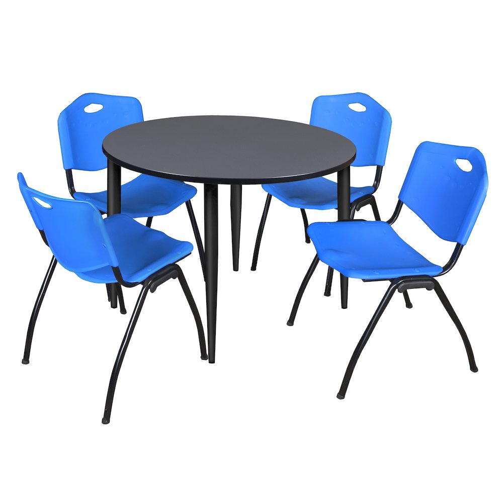 48 in. Round Breakroom Table- Grey Top, Black Base & 4 M Stack Chairs- Blue. Picture 1
