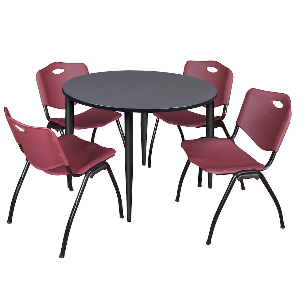 48 in. Round Breakroom Table- Grey Top, Black Base & 4 M Stack Chairs- Burgundy. Picture 1