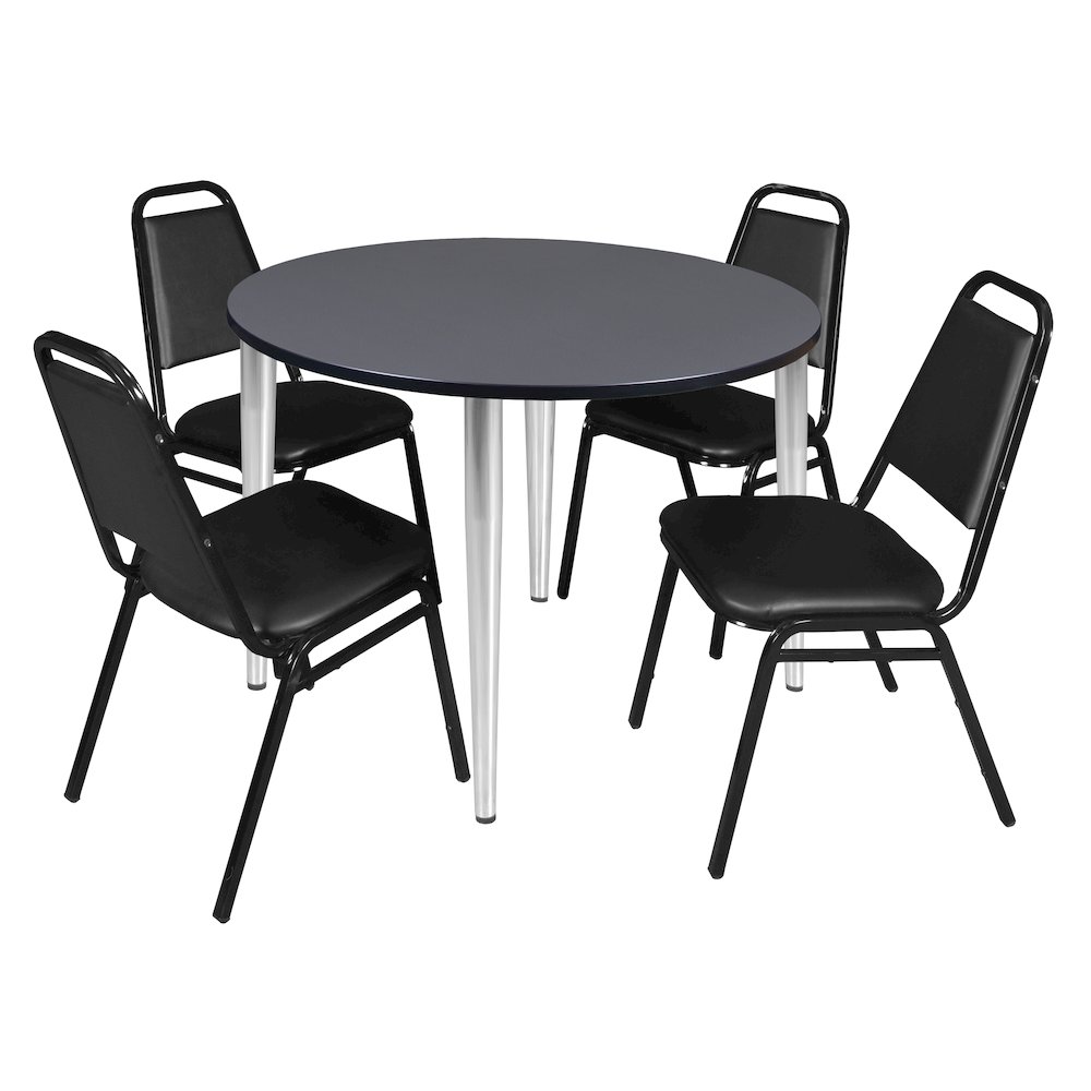 48 Round Breakroom Table- Grey Top, Chrome Base & 4 Stack Chairs- Black. Picture 1