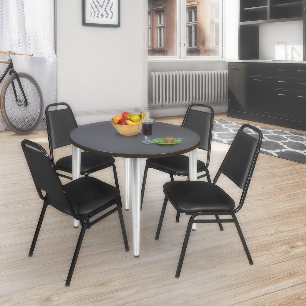 48 Round Breakroom Table- Grey Top, Chrome Base & 4 Stack Chairs- Black. Picture 8