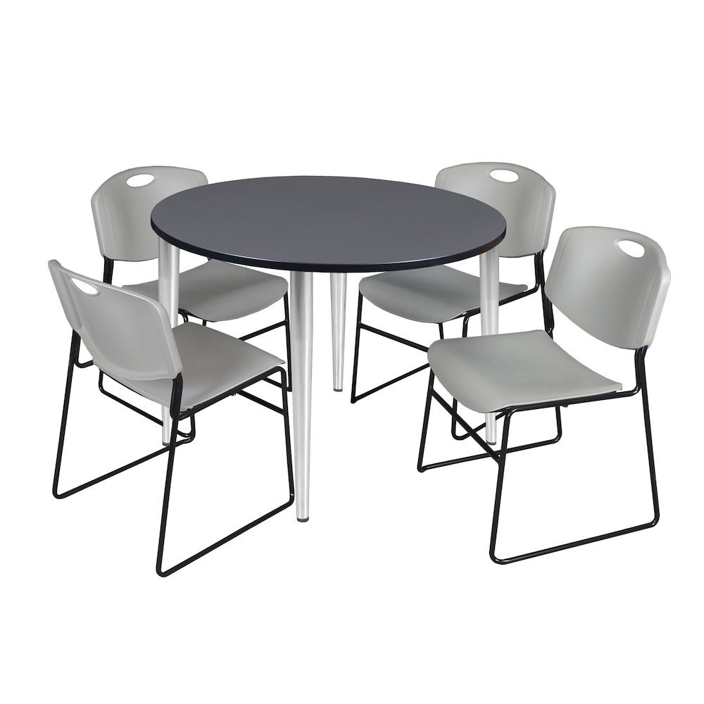 48 in. Round Breakroom Table- Grey Top, Chrome Base & 4 Zeng Stack Chairs- Grey. Picture 1