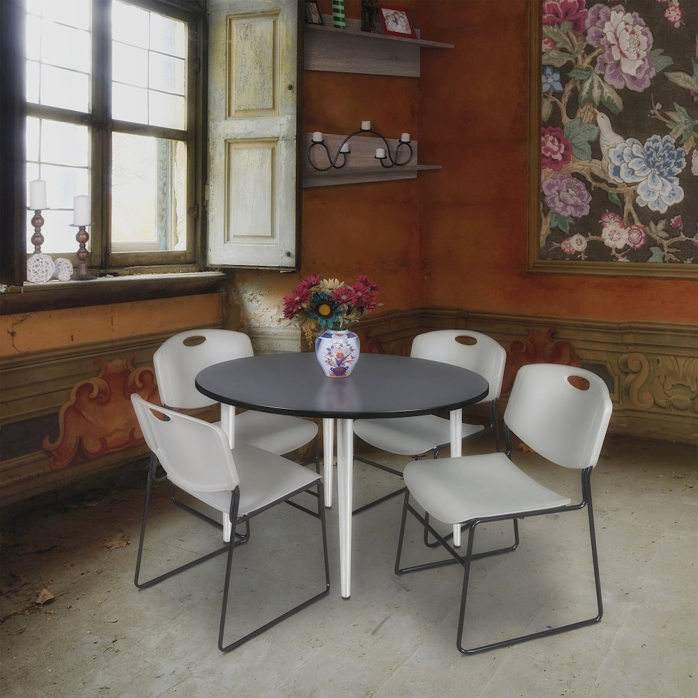 48 in. Round Breakroom Table- Grey Top, Chrome Base & 4 Zeng Stack Chairs- Grey. Picture 8