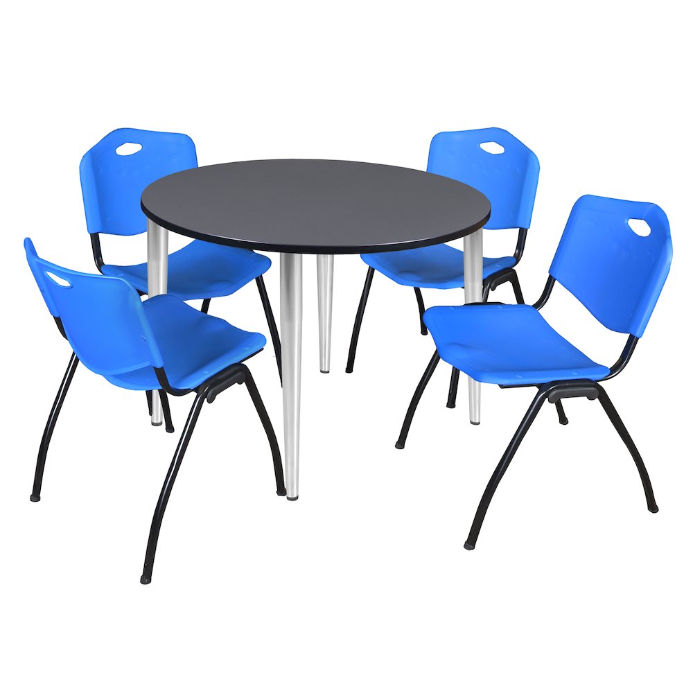 48 in. Round Breakroom Table- Grey Top, Chrome Base & 4 M Stack Chairs- Blue. Picture 1