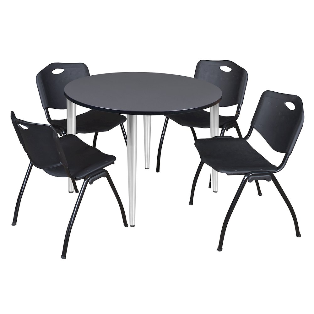 48 in. Round Breakroom Table- Grey Top, Chrome Base & 4 M Stack Chairs- Black. Picture 1