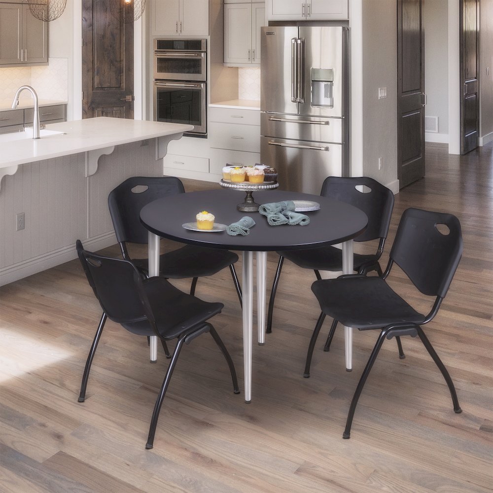 48 in. Round Breakroom Table- Grey Top, Chrome Base & 4 M Stack Chairs- Black. Picture 8