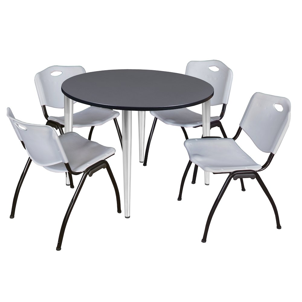 48 in. Round Breakroom Table- Grey Top, Chrome Base & 4 M Stack Chairs- Grey. Picture 1