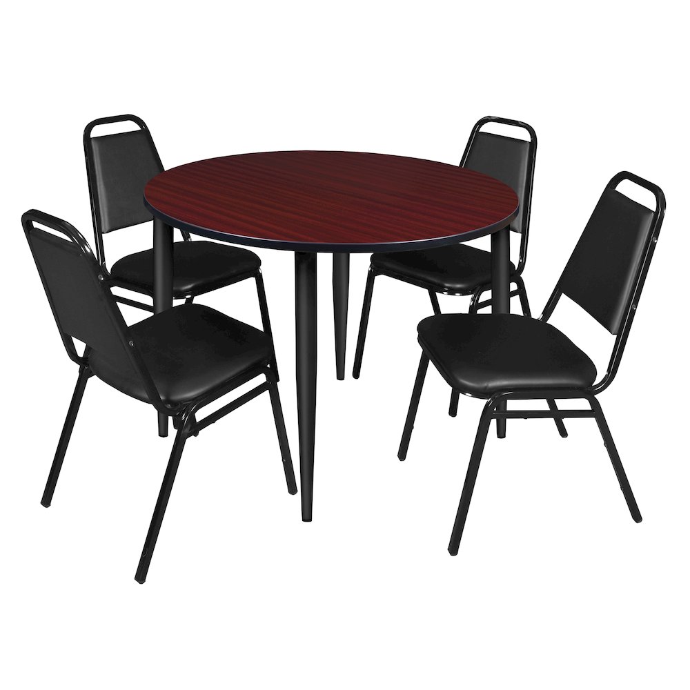 48 Round Breakroom Table- Mahogany Top, Black Base & 4 Stack Chairs- Black. Picture 1