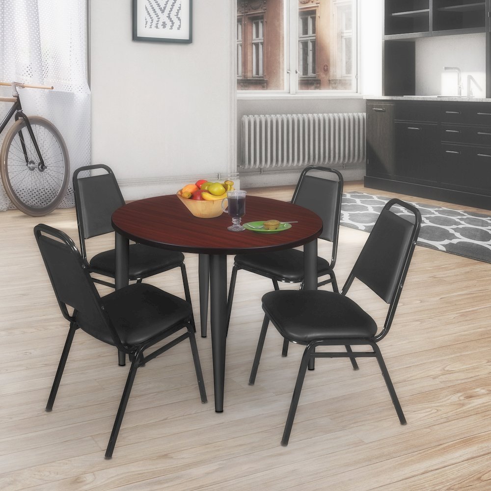 48 Round Breakroom Table- Mahogany Top, Black Base & 4 Stack Chairs- Black. Picture 8