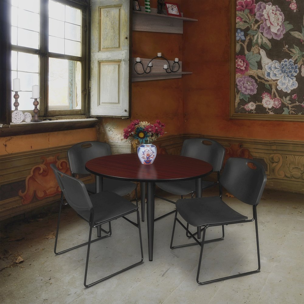 48 Round Breakroom Table- Mahogany Top, Black Base & 4 Zeng Stack Chairs- Black. Picture 8