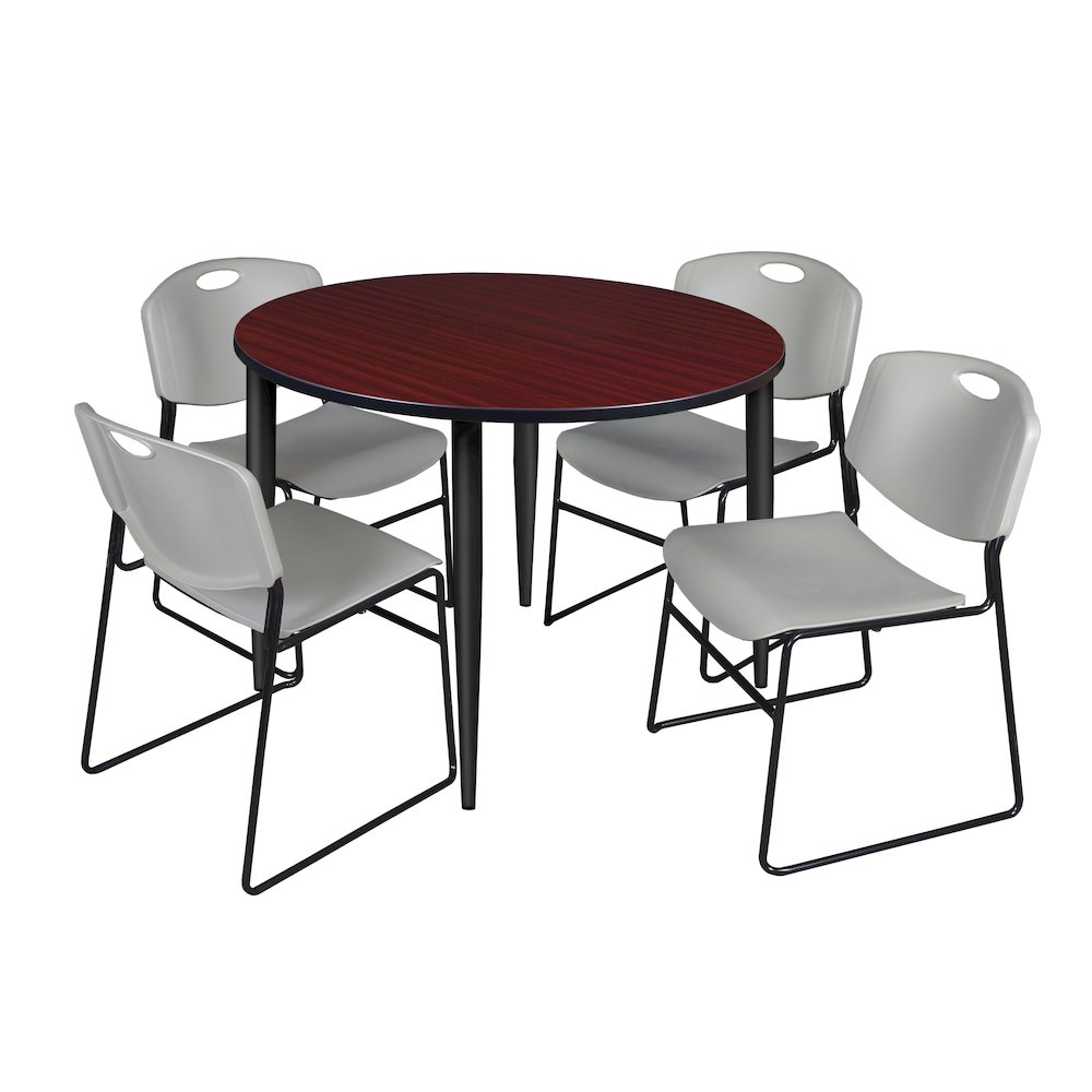 48 Round Breakroom Table- Mahogany Top, Black Base & 4 Zeng Stack Chairs- Grey. Picture 1
