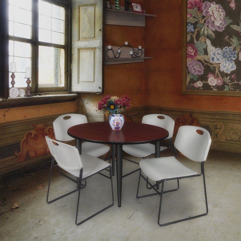 48 Round Breakroom Table- Mahogany Top, Black Base & 4 Zeng Stack Chairs- Grey. Picture 8