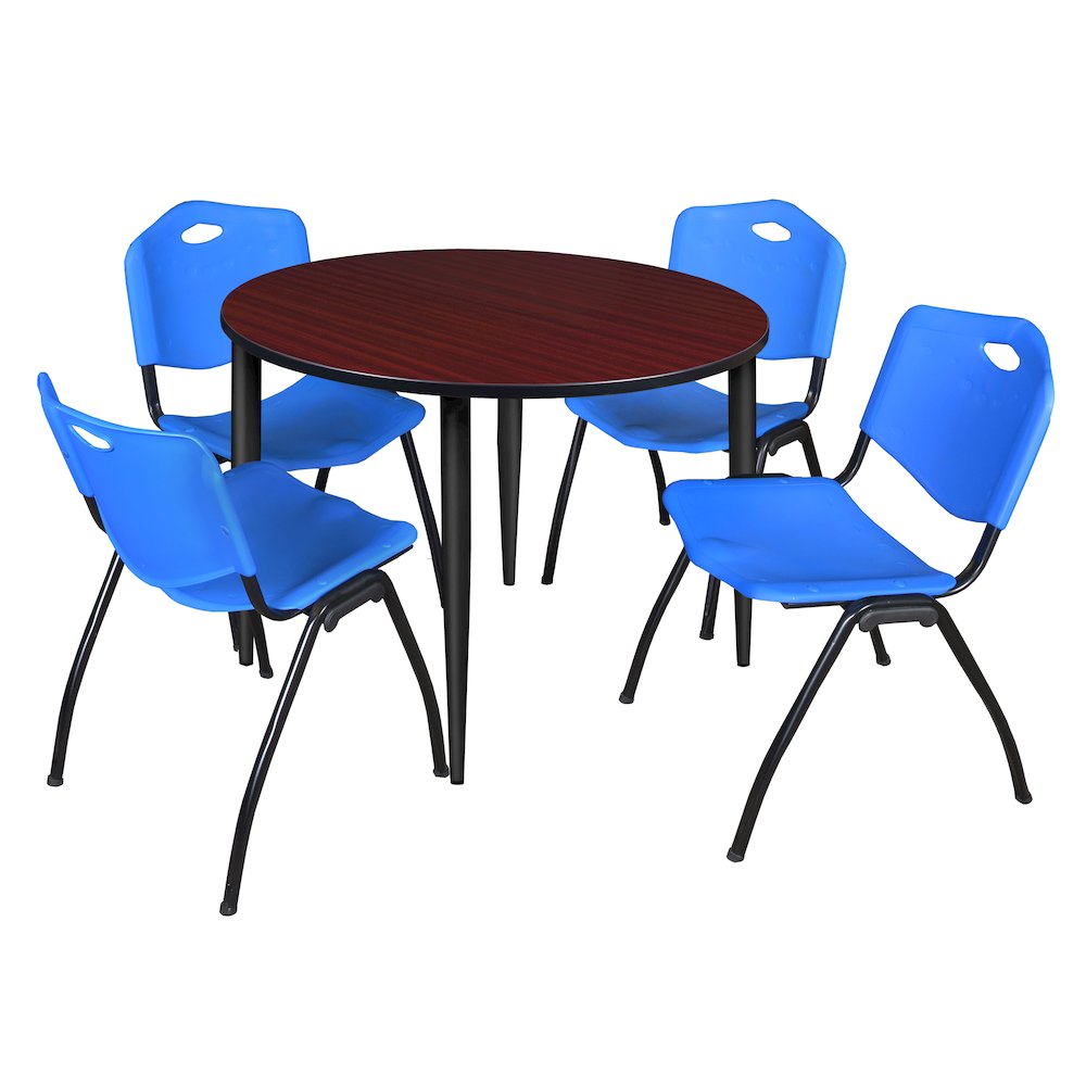 48 in. Round Breakroom Table- Mahogany Top, Black Base & 4 M Stack Chairs- Blue. Picture 1