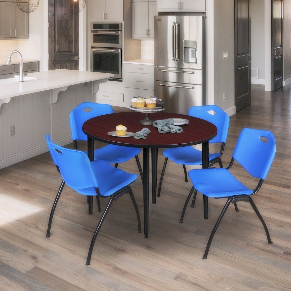 48 in. Round Breakroom Table- Mahogany Top, Black Base & 4 M Stack Chairs- Blue. Picture 8