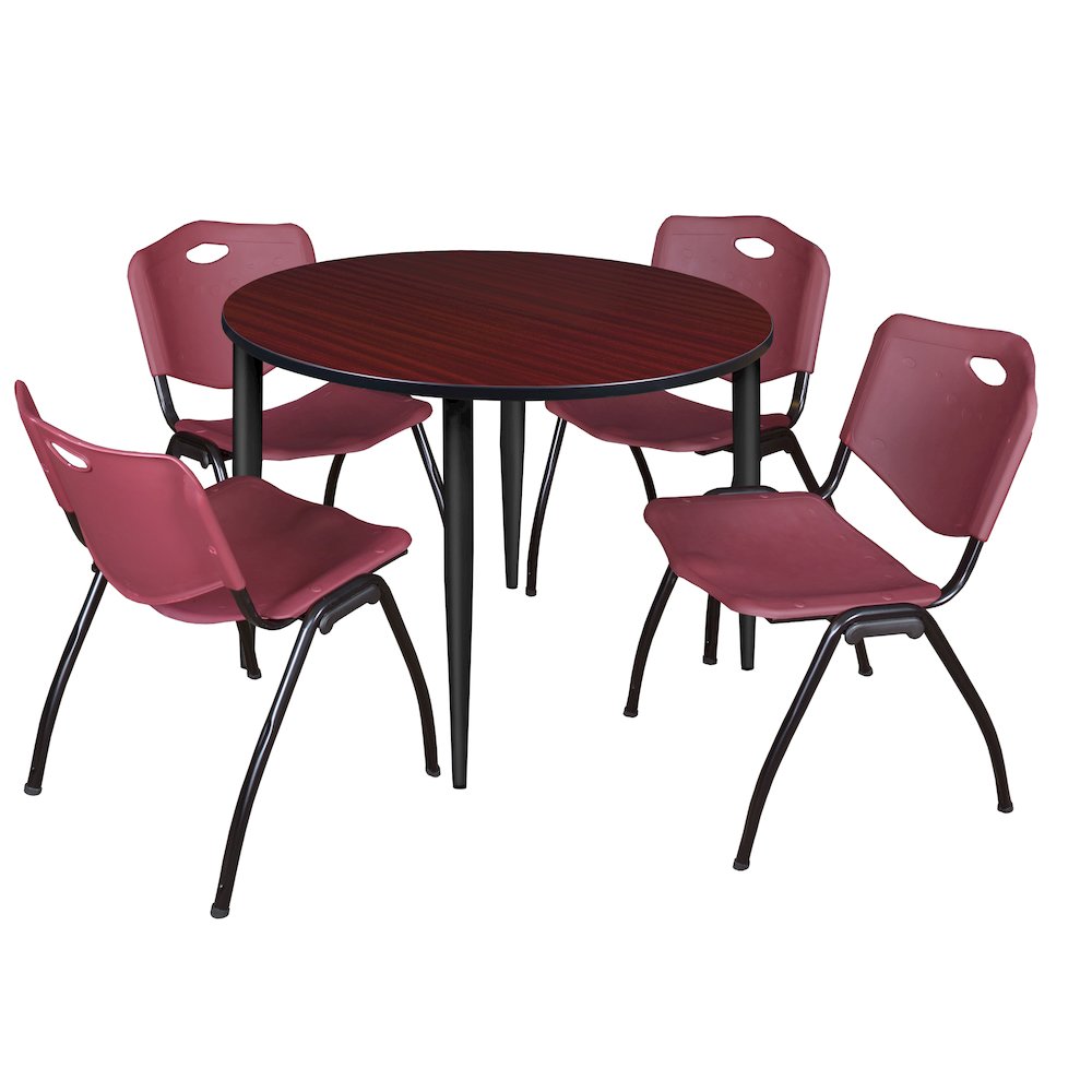 48 Round Breakroom Table- Mahogany Top, Black Base & 4 M Stack Chairs- Burgundy. Picture 1