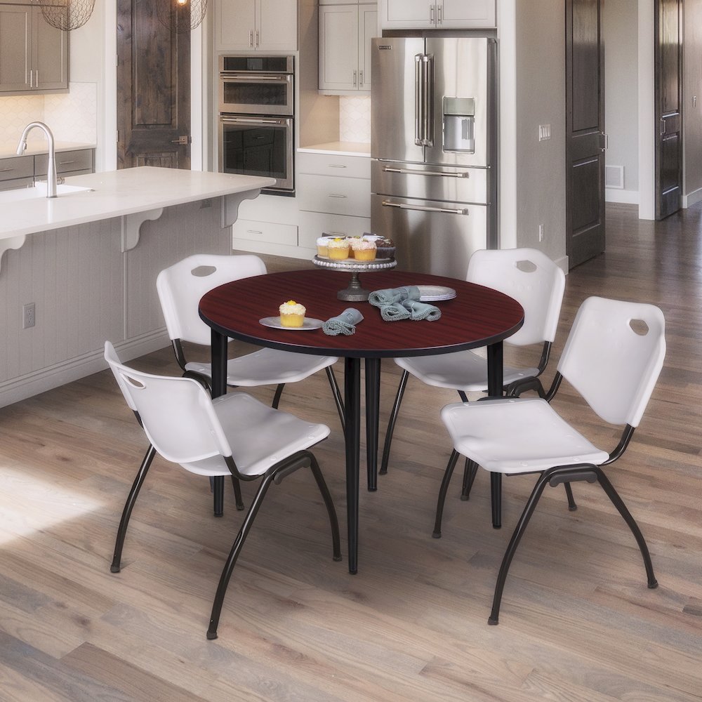 48 in. Round Breakroom Table- Mahogany Top, Black Base & 4 M Stack Chairs- Grey. Picture 8
