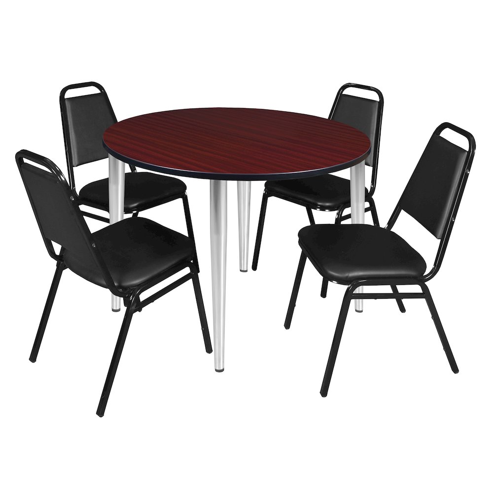 48 Round Breakroom Table- Mahogany Top, Chrome Base & 4 Stack Chairs- Black. Picture 1