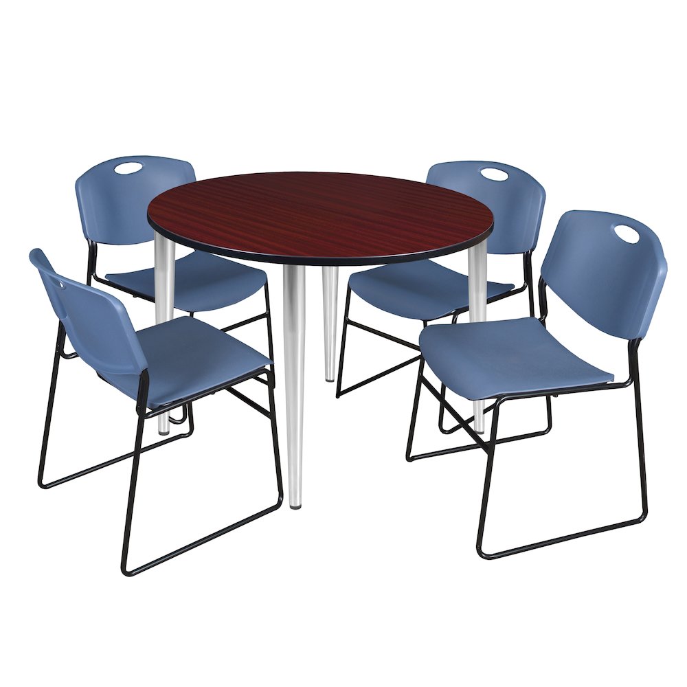 48 Round Breakroom Table- Mahogany Top, Chrome Base & 4 Zeng Stack Chairs- Blue. Picture 1