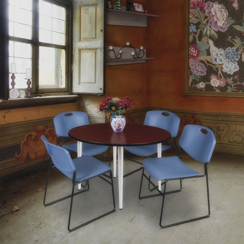 48 Round Breakroom Table- Mahogany Top, Chrome Base & 4 Zeng Stack Chairs- Blue. Picture 8