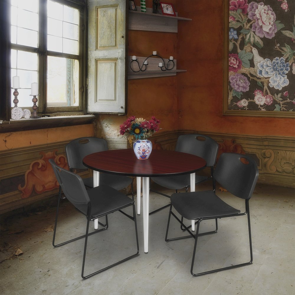 48 Round Breakroom Table- Mahogany Top, Chrome Base & 4 Zeng Stack Chairs- Black. Picture 8