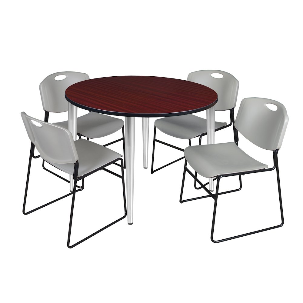 48 Round Breakroom Table- Mahogany Top, Chrome Base & 4 Zeng Stack Chairs- Grey. Picture 1