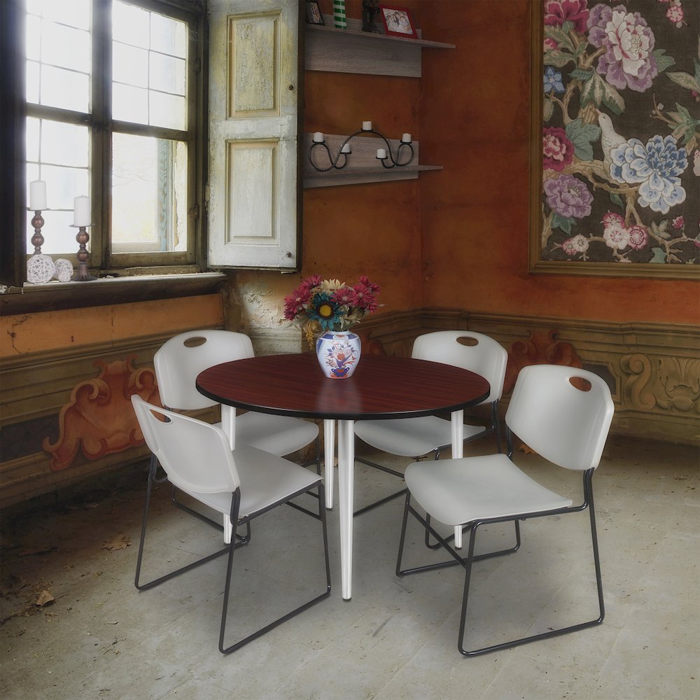 48 Round Breakroom Table- Mahogany Top, Chrome Base & 4 Zeng Stack Chairs- Grey. Picture 8