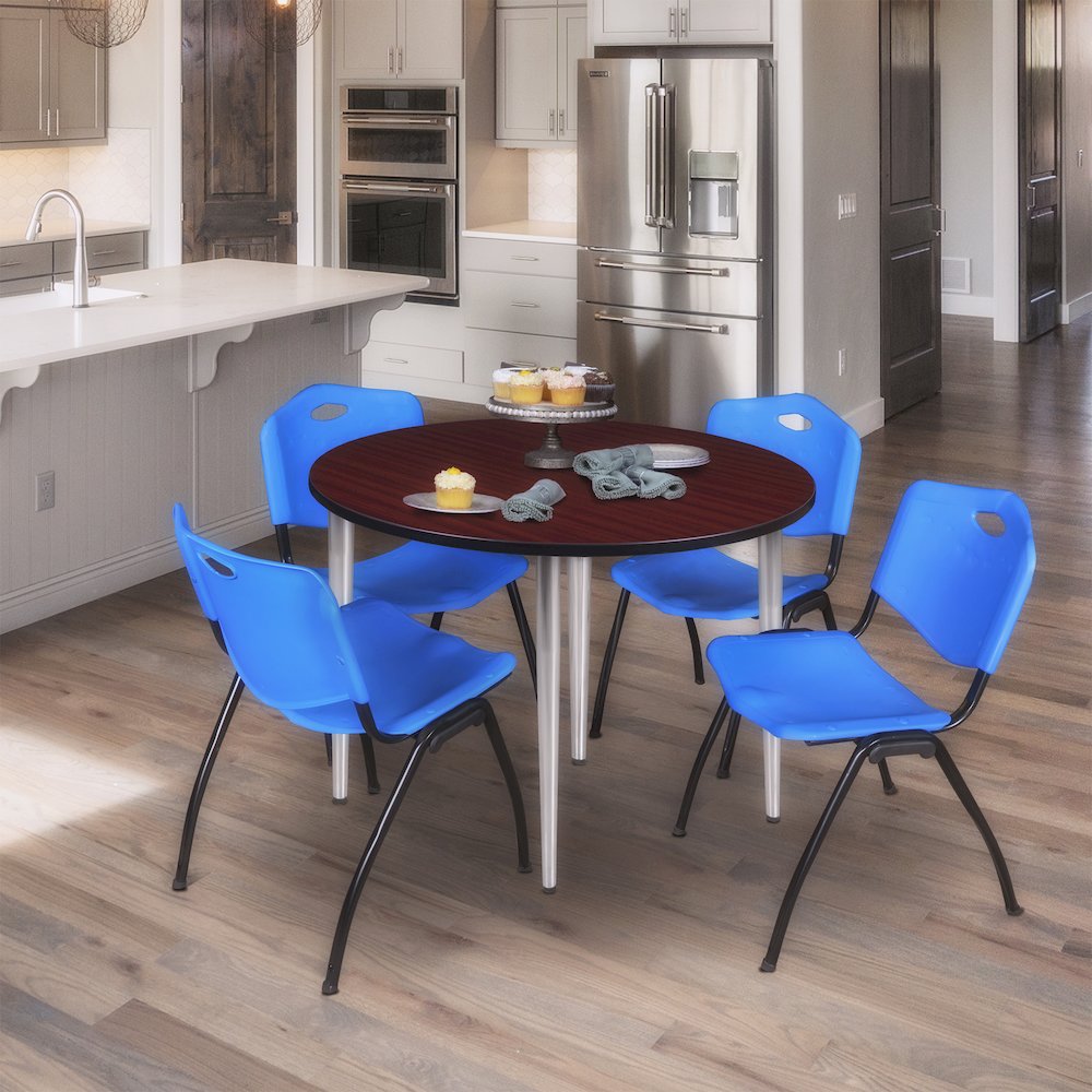 48 in. Round Breakroom Table- Mahogany Top, Chrome Base & 4 M Stack Chairs- Blue. Picture 8