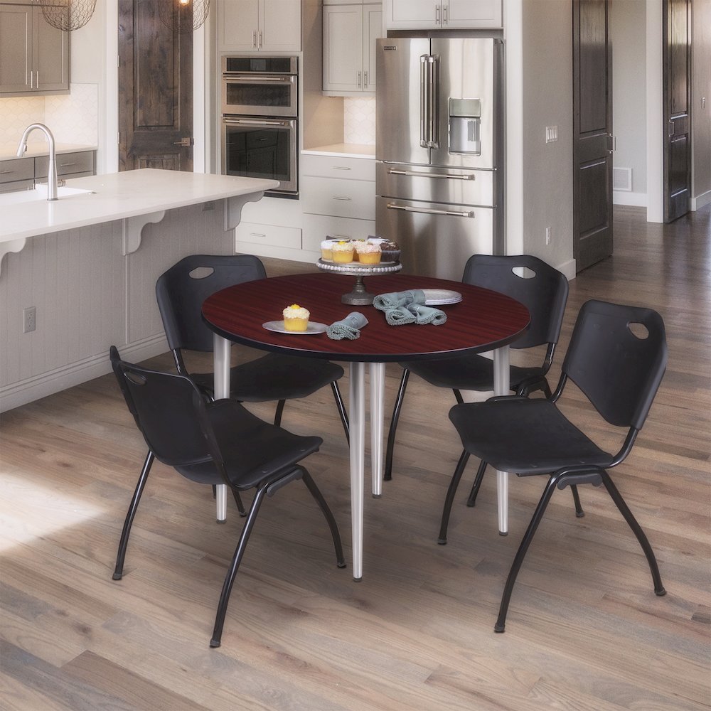 48 Round Breakroom Table- Mahogany Top, Chrome Base & 4 M Stack Chairs- Black. Picture 8