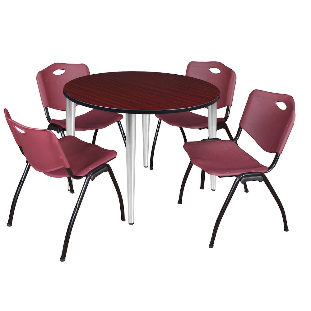 48 Round Breakroom Table- Mahogany Top, Chrome Base & 4 M Stack Chairs- Burgundy. Picture 1