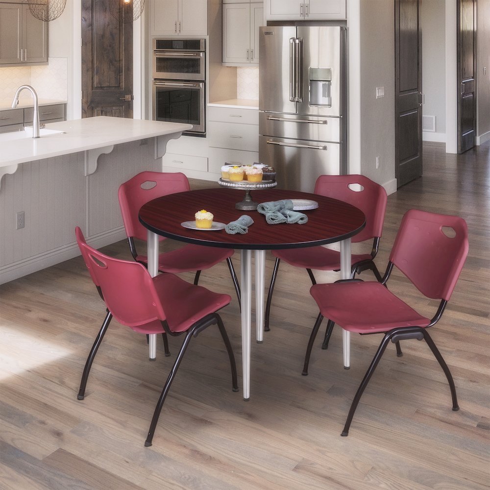 48 Round Breakroom Table- Mahogany Top, Chrome Base & 4 M Stack Chairs- Burgundy. Picture 8