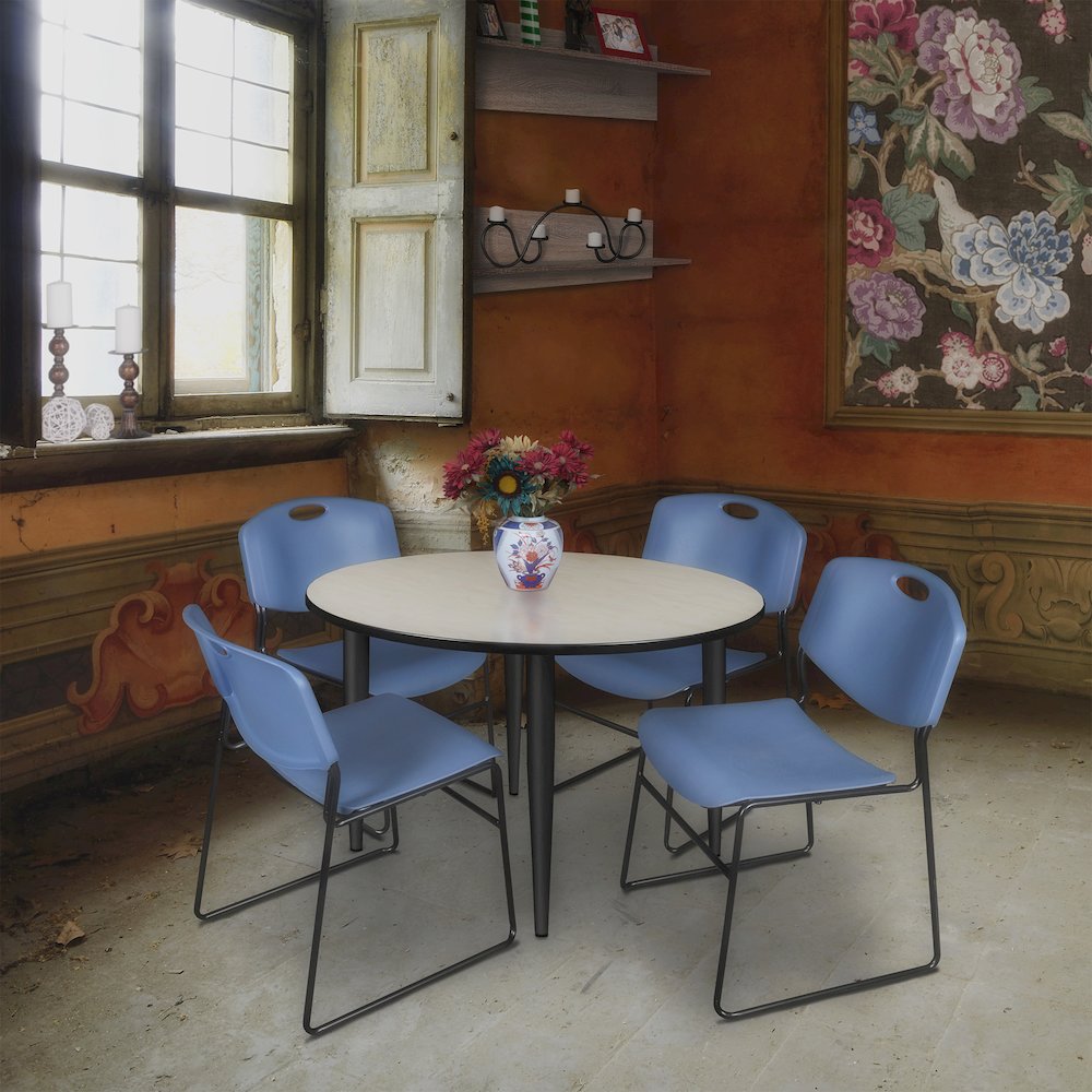 48 in. Round Breakroom Table- Maple Top, Black Base & 4 Zeng Stack Chairs- Blue. Picture 8