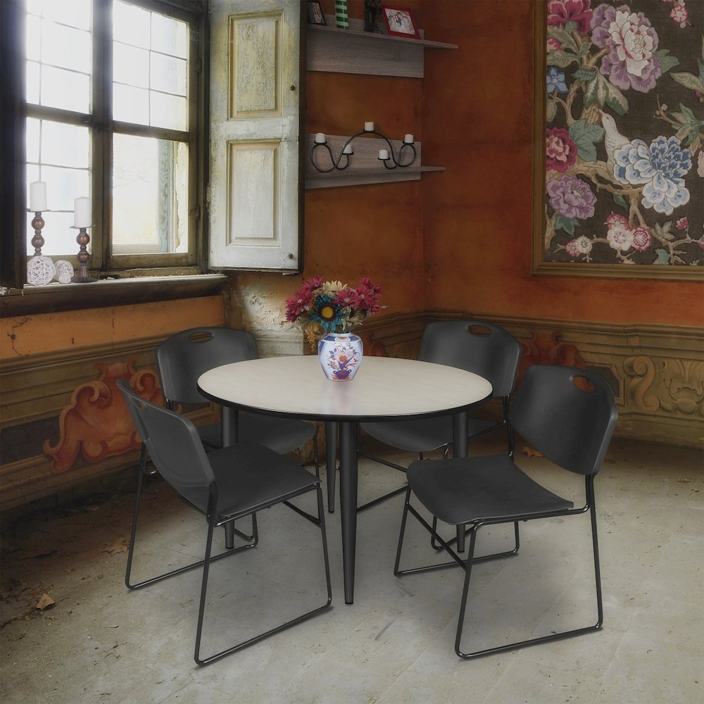 48 in. Round Breakroom Table- Maple Top, Black Base & 4 Zeng Stack Chairs- Black. Picture 8