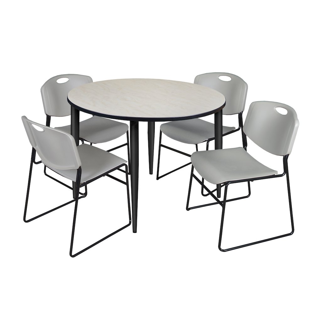 48 in. Round Breakroom Table- Maple Top, Black Base & 4 Zeng Stack Chairs- Grey. Picture 1