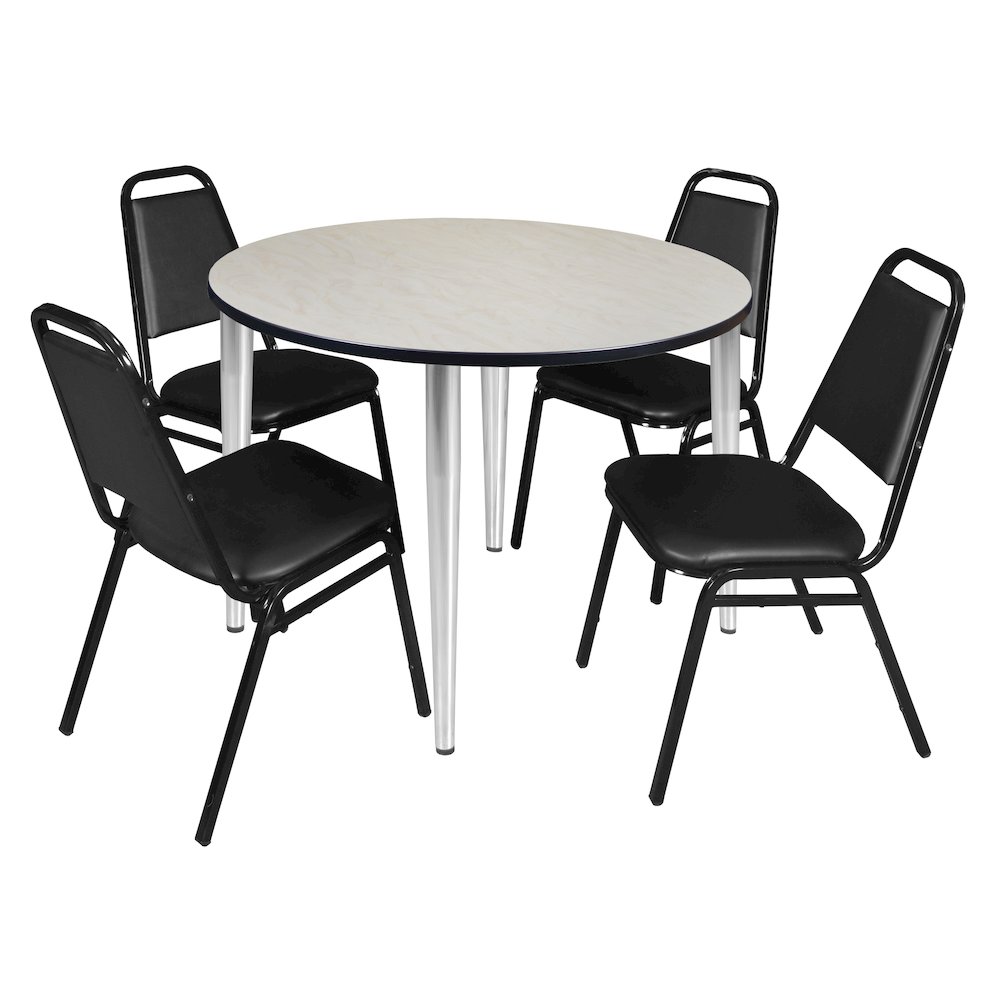 48 Round Breakroom Table- Maple Top, Chrome Base & 4 Stack Chairs- Black. Picture 1