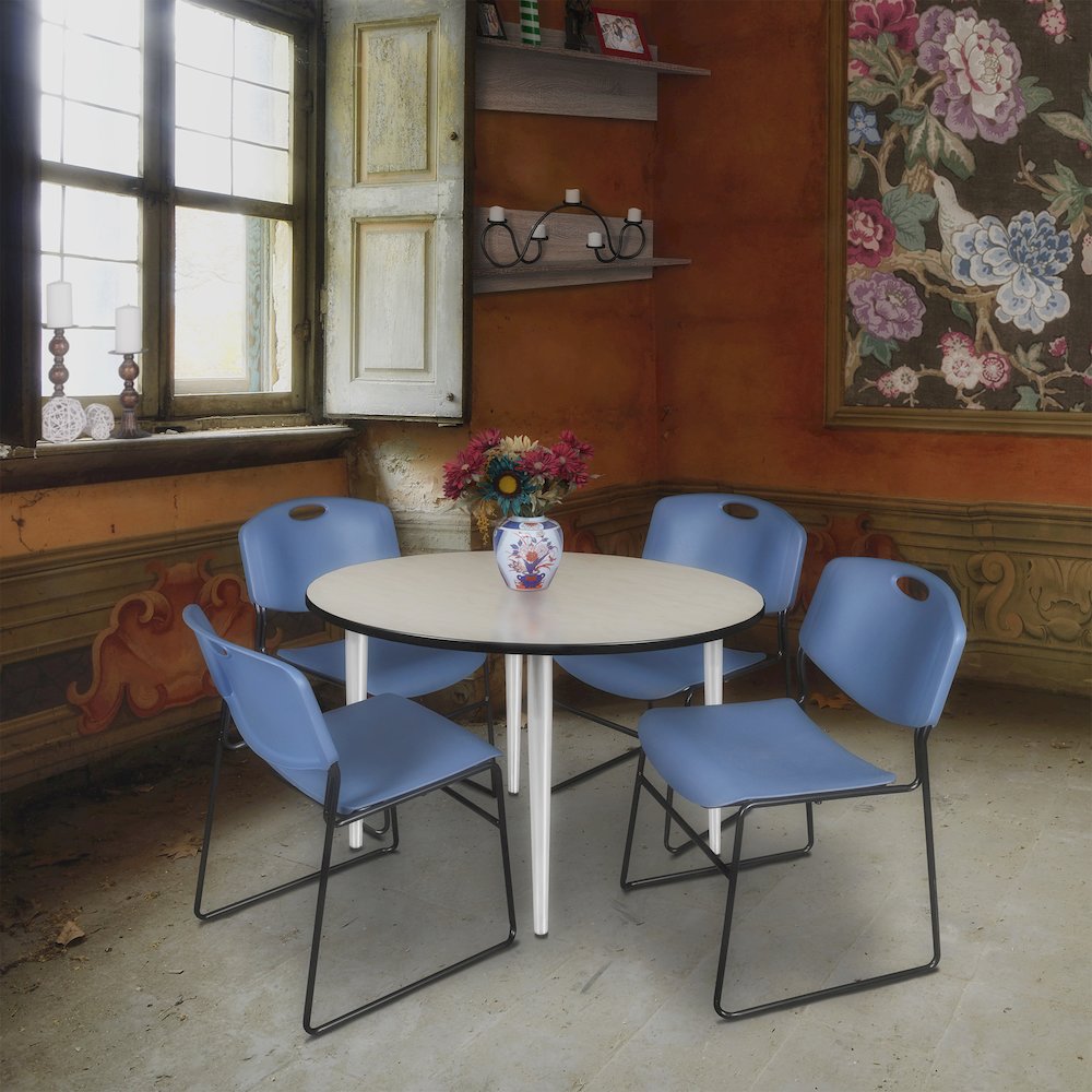 48 in. Round Breakroom Table- Maple Top, Chrome Base & 4 Zeng Stack Chairs- Blue. Picture 8