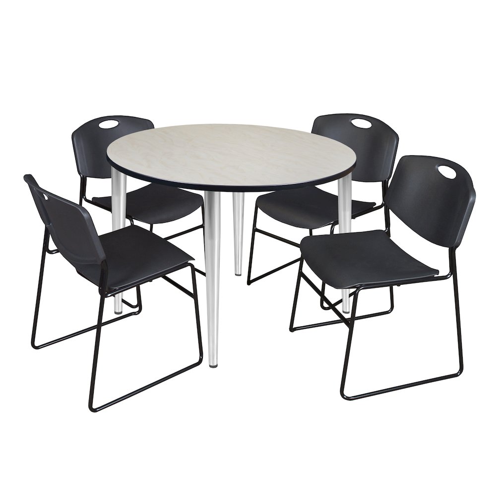 48 Round Breakroom Table- Maple Top, Chrome Base & 4 Zeng Stack Chairs- Black. Picture 1