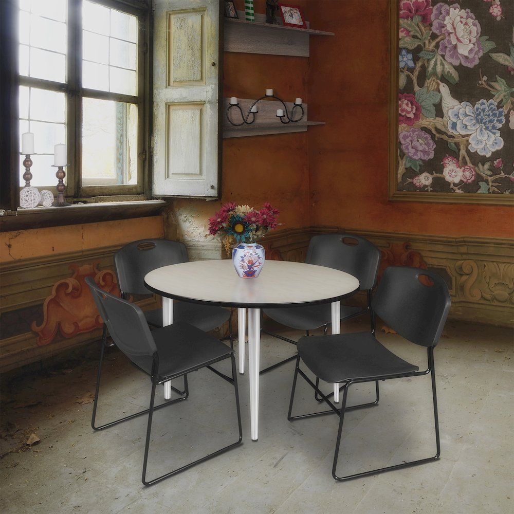 48 Round Breakroom Table- Maple Top, Chrome Base & 4 Zeng Stack Chairs- Black. Picture 8